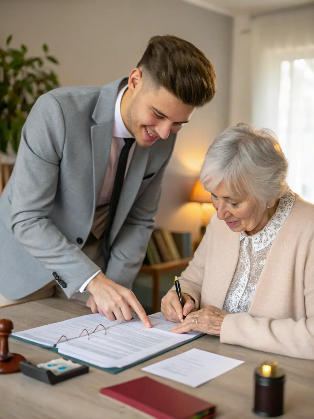 A notary public carefully reviewing a will document with a client in a quiet office setting.