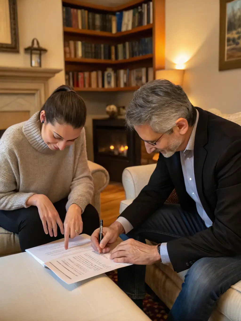 A professional photograph of a notary public carefully reviewing a will document with a client, highlighting the importance of proper notarization for estate planning.