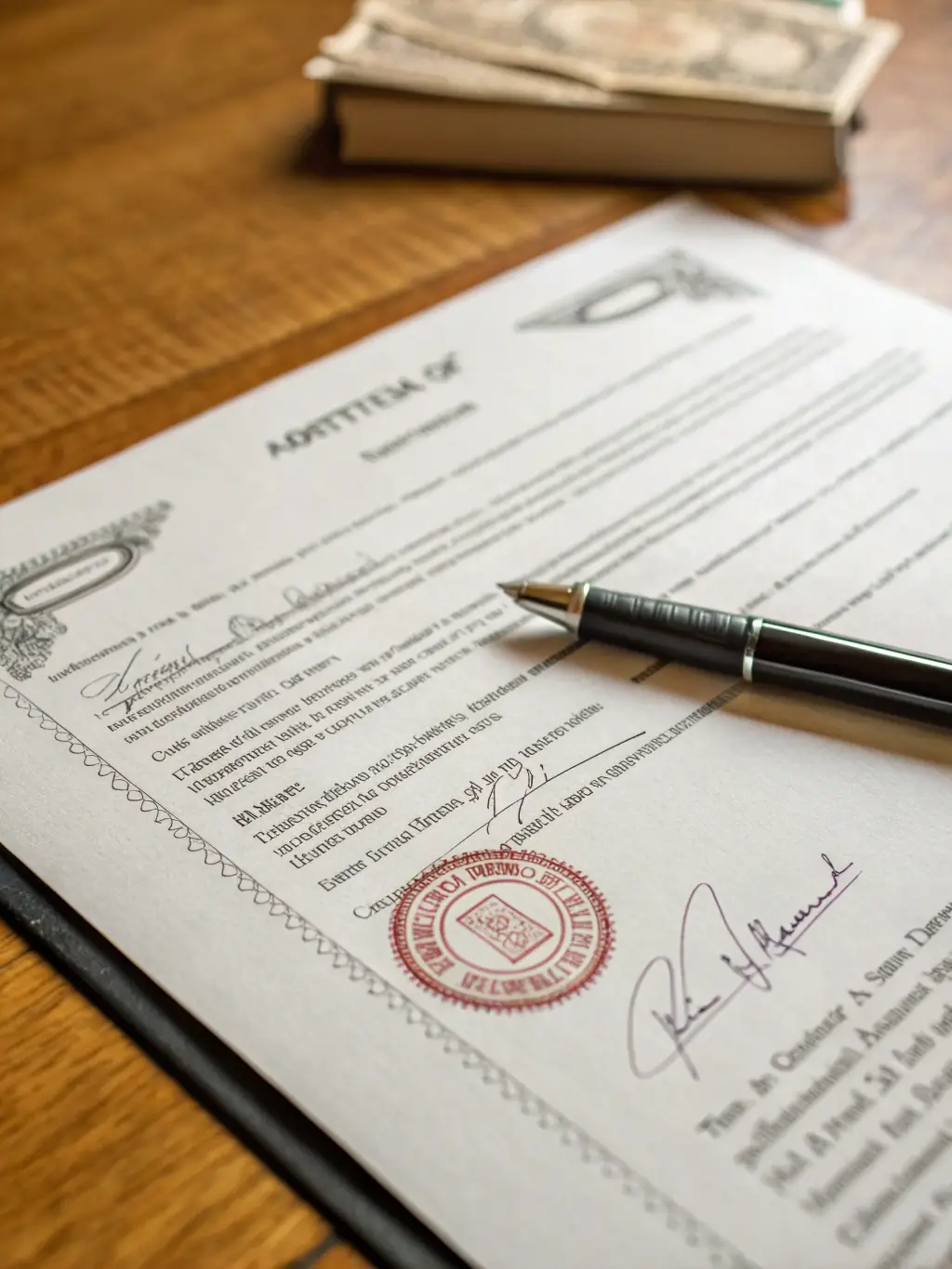 A close-up photograph of a notary public's stamp and seal on a real estate document, emphasizing the official nature of the notarization process for property transactions.